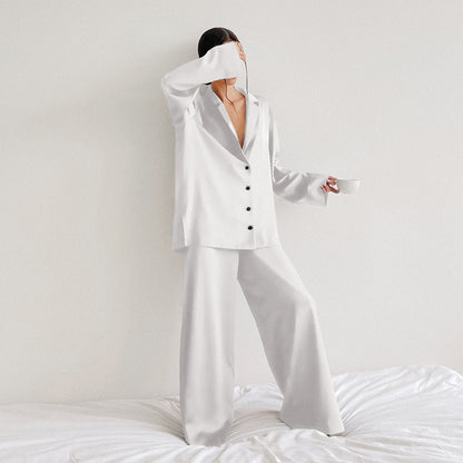 Women's Long-Sleeved Solid Satin Two-Piece Pajamas