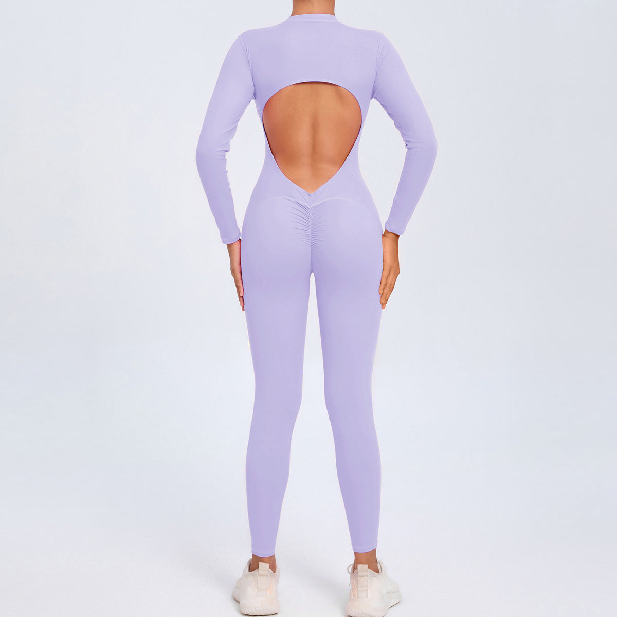 Women Fashion Solid Color Zipper Long-Sleeve Yoga Jumpsuit