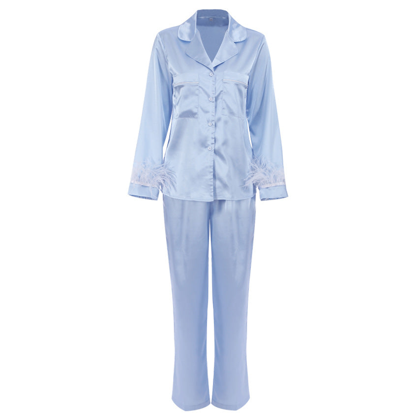 Women Fashion Loose Satin Ice Silk Long Sleeve Pajamas Set