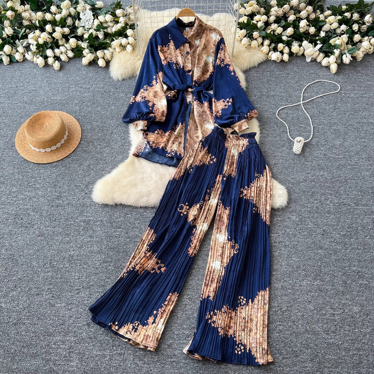 Women Casual Printed Blouse and Wide Leg Pants Set