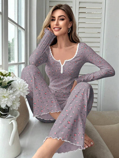 Women Fashion Casual Floral Printed Pajamas Set