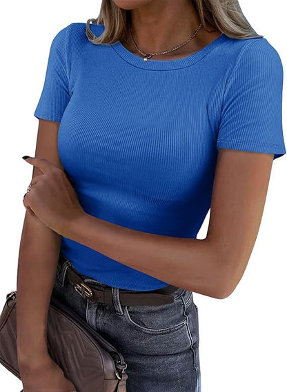 Camiseta de manga corta con canalé elástico de color liso para mujer
