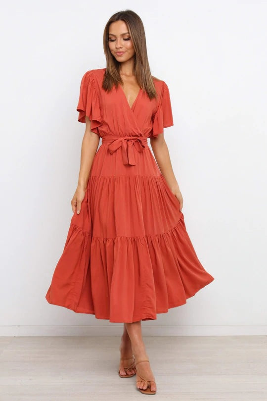 Summer Women Fashion Bohemian Style V-Neck Short Sleeve Maxi Dress