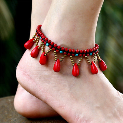 Tobillera bohemia con borlas trenzadas hechas a mano