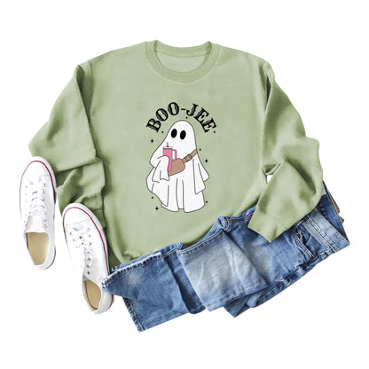 Sweat-shirt ras du cou imprimé fantôme de dessin animé pour femme Halloween
