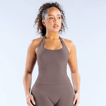 Débardeur de yoga sexy à col licou et couleur unie pour femme