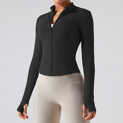 Veste de sport décontractée à manches longues et fermeture éclair pour femme, couleur unie, idéale pour le yoga