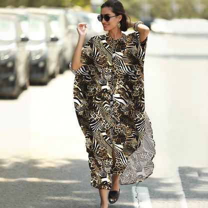 Women Fashion Summer Vacation Boho Style Leopard V Neck Loose Maxi Dress