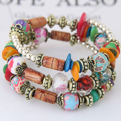 Women Fashion Boho Handmade Wooden Beaded Shell Gravel Crystal Multilayer Bracelet