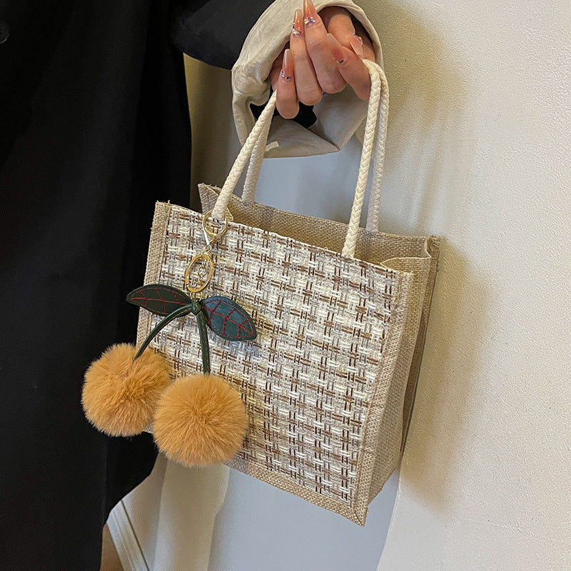 Women Fashion Casual Color Block Cherry Pendant Tote Bag