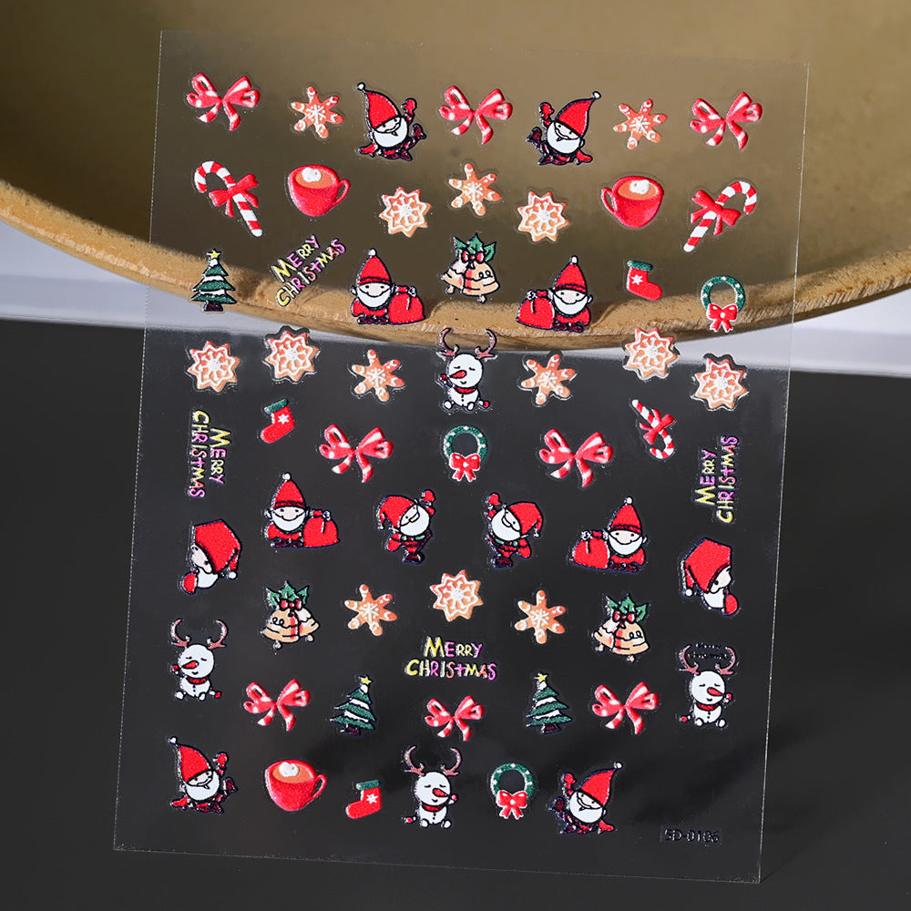 Pegatinas para uñas con relieve navideño de Papá Noel, muñeco de nieve y copos de nieve