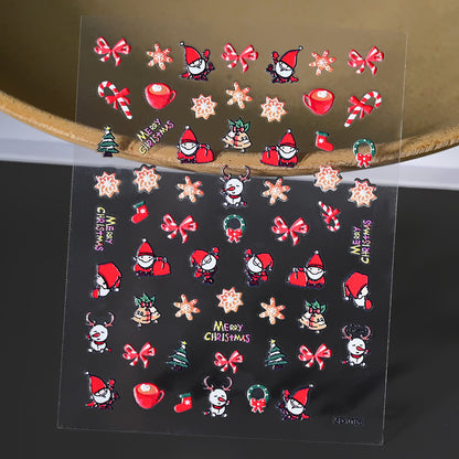 Pegatinas para uñas con relieve navideño de Papá Noel, muñeco de nieve y copos de nieve