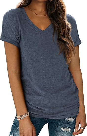 Camiseta informal de verano para mujer, color liso, cuello en V, manga corta, sin mangas