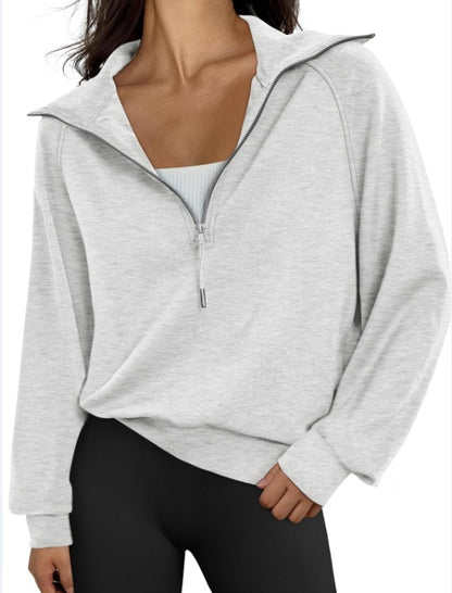 Women Half Zipper Fleece-Lined Solid Color Sweatshirt