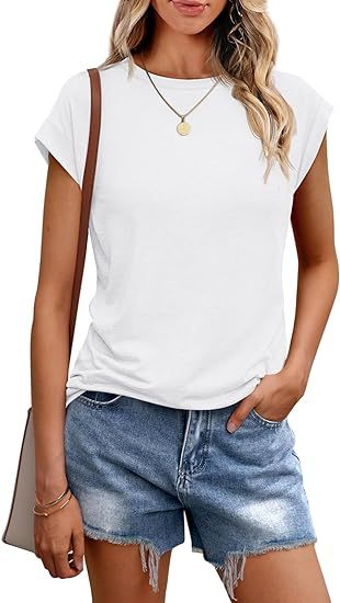 Camiseta informal de verano para mujer, color liso, cuello redondo, manga corta, sin mangas