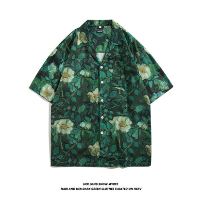 Men Casual Vintage Vacation Hawaii Tiny Flower Print Short Sleeve Lapel Shirt