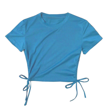 Top corto de manga corta con cordón ajustable, sexy, de color liso, a la moda para mujer