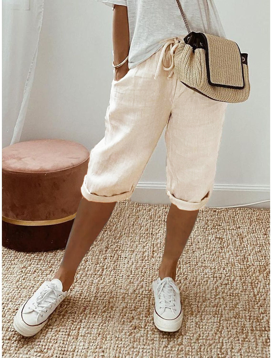 Pantalones casuales de lino y algodón de color liso a la moda para mujer
