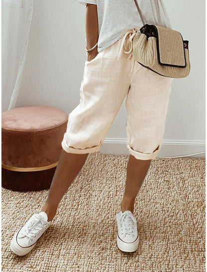 Pantalones casuales de lino y algodón de color liso a la moda para mujer