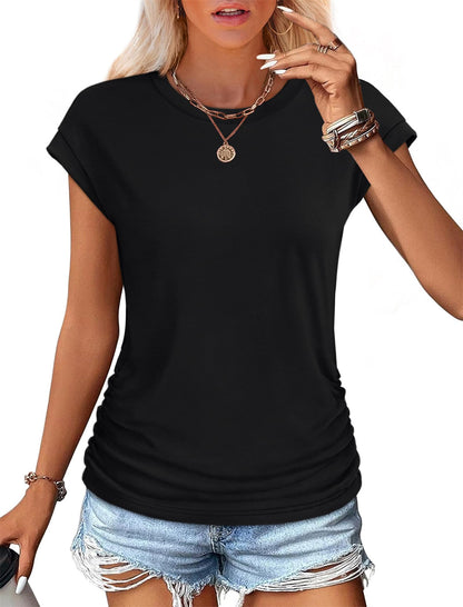 Camiseta informal de manga corta de algodón y seda de color liso para mujer