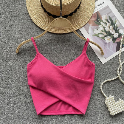 Camisola corta sexy de color liso con hilo cruzado para mujer