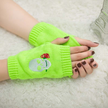 Halloween Autumn Winter Wool Embroidered Skull Gloves