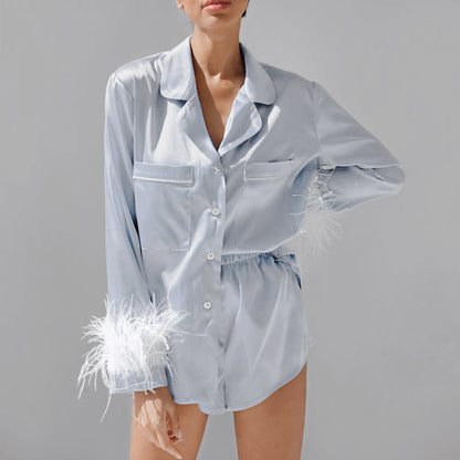 Women Fashion Loose Satin Ice Silk Long Sleeve Pajamas Set