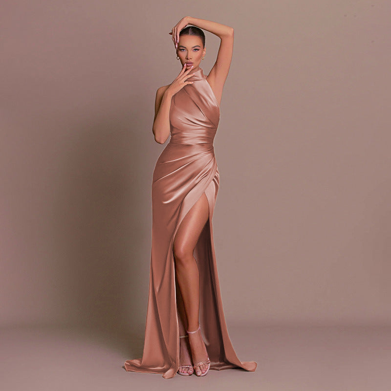 Women Elegant Solid Color Side Split Party Dress
