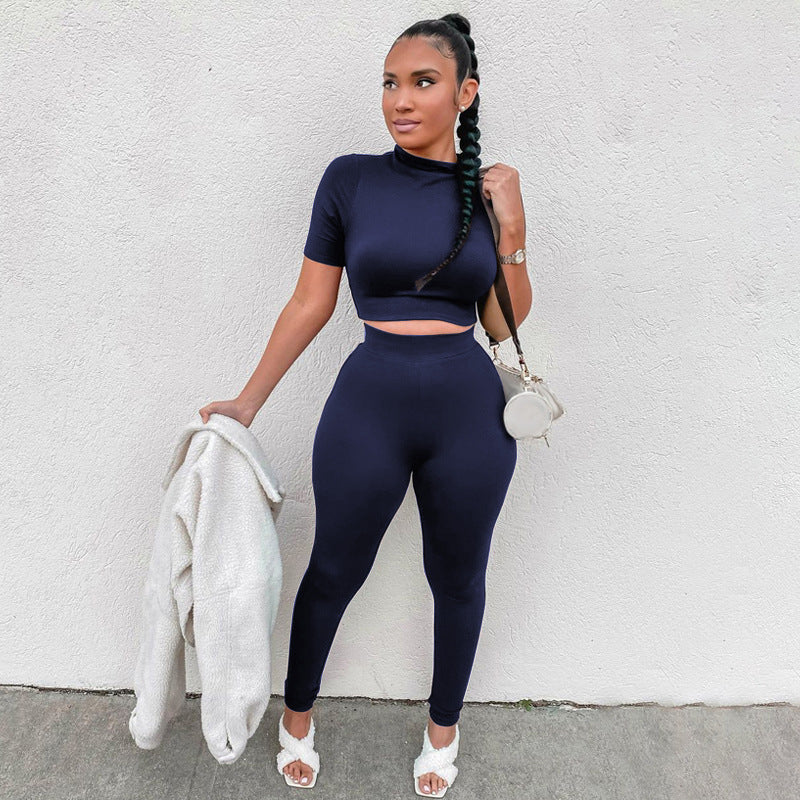 Ensemble deux pièces décontracté pour femme, haut court et pantalon en élasthanne, couleur unie