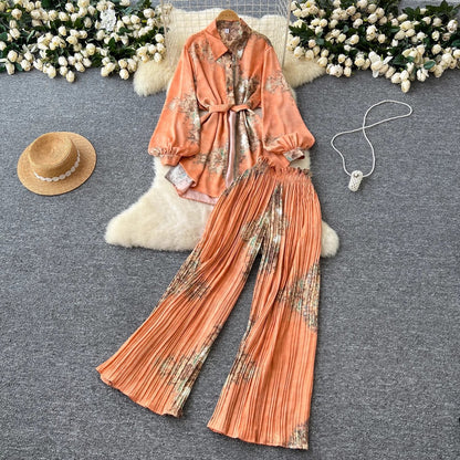 Women Casual Printed Blouse and Wide Leg Pants Set
