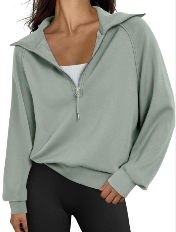 Women Half Zipper Fleece-Lined Solid Color Sweatshirt