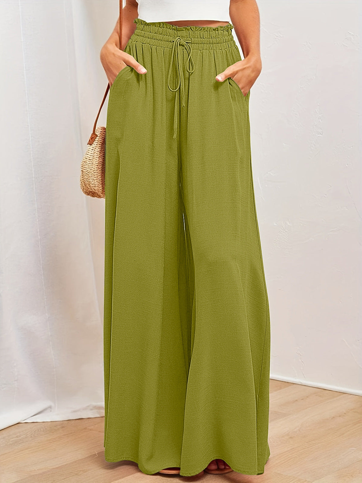 Women Fashion Casual Loose Solid Color Drawstring Pants