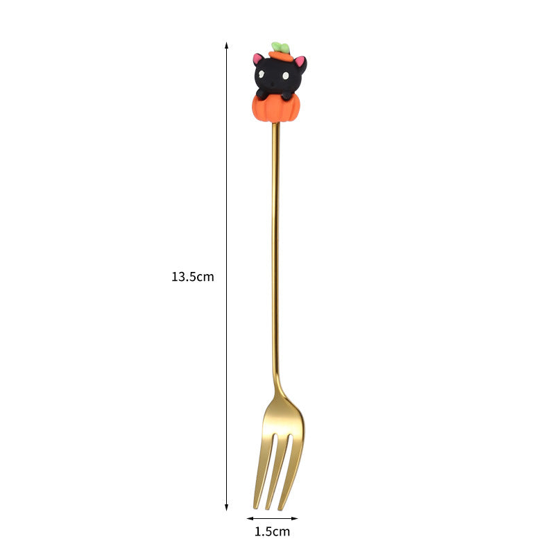 Tenedor y cuchara de acero inoxidable para postres y frutas con dibujos animados de Halloween.