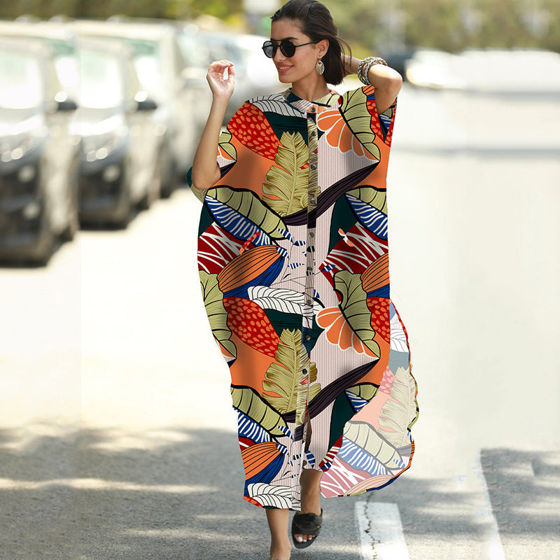Women Fashion Summer Vacation Boho Style Leopard V Neck Loose Maxi Dress