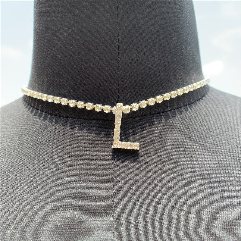 Women Rhinestone Alphabet Necklace