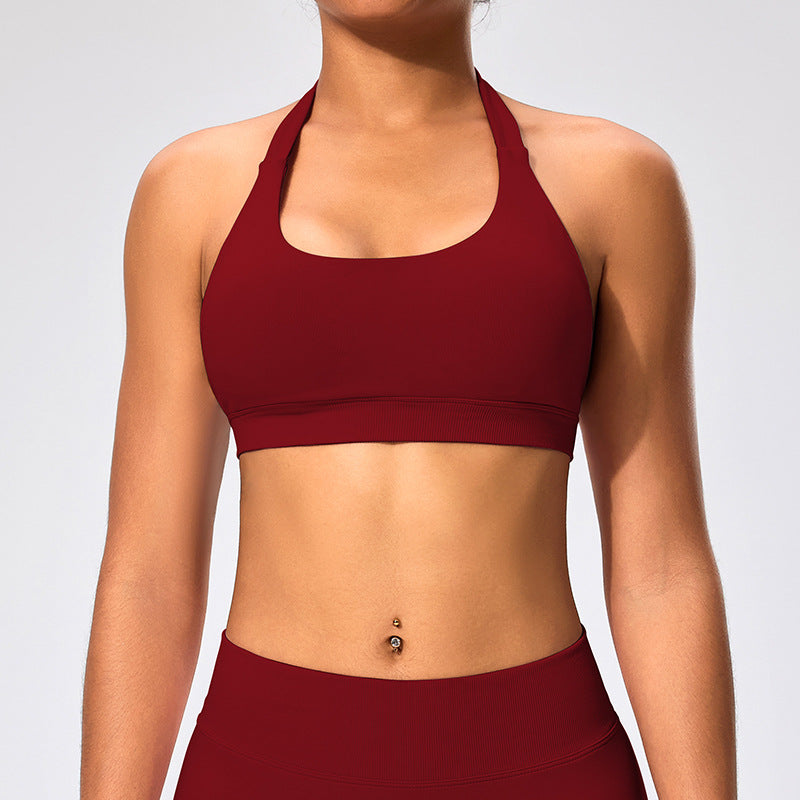 Haut de yoga sexy à col licou et couleur unie pour femme