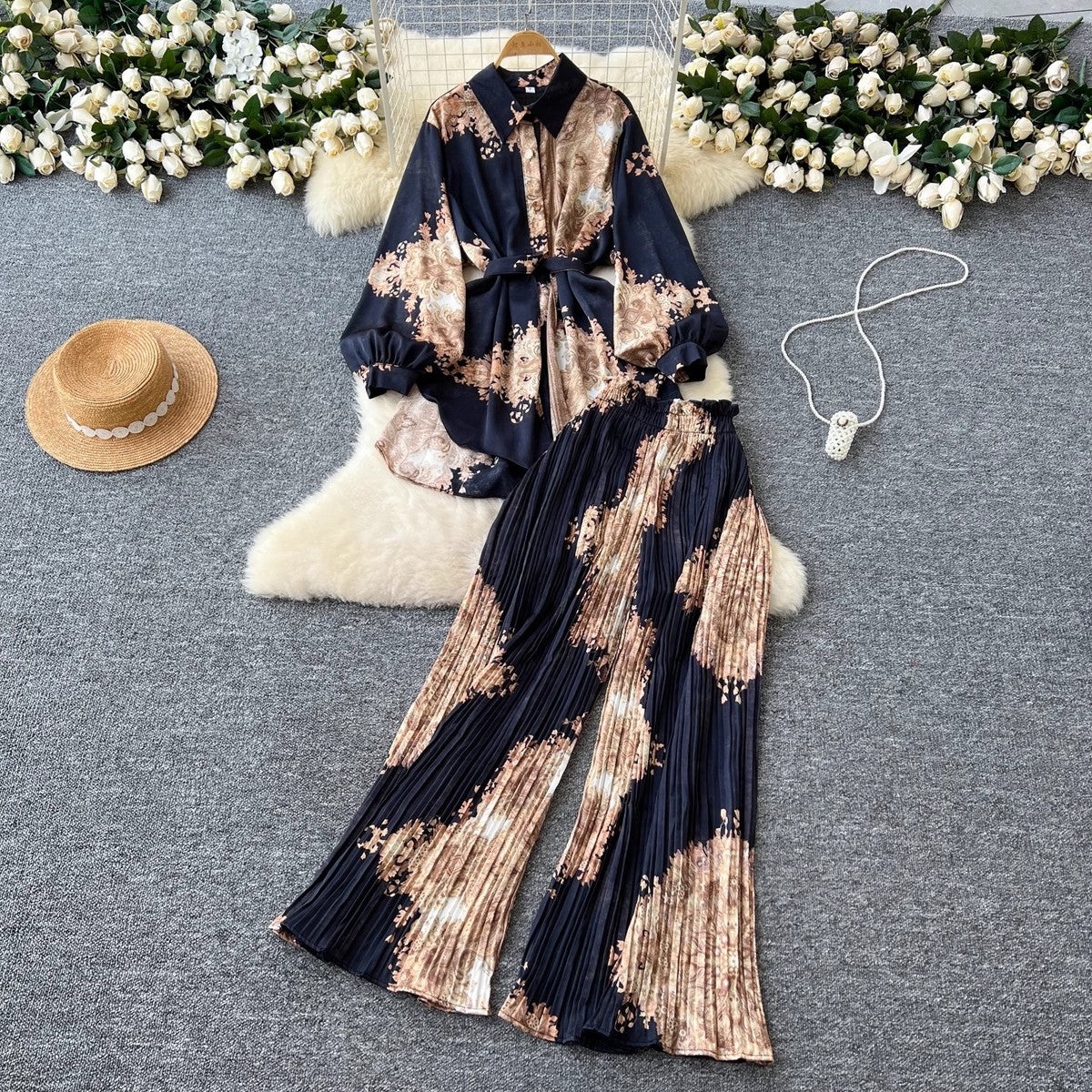 Women Casual Printed Blouse and Wide Leg Pants Set