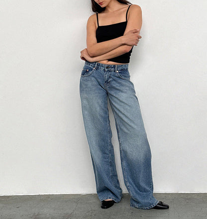 Vaqueros rectos de cintura baja de color liso retro casual para mujer