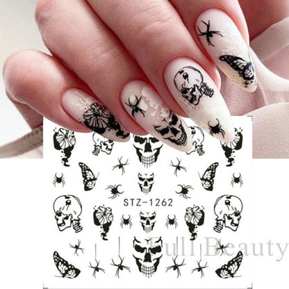 Autocollants pour ongles motif crâne et feuille d'érable pour femme, mode Halloween