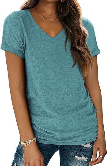 Camiseta informal de verano para mujer, color liso, cuello en V, manga corta, sin mangas