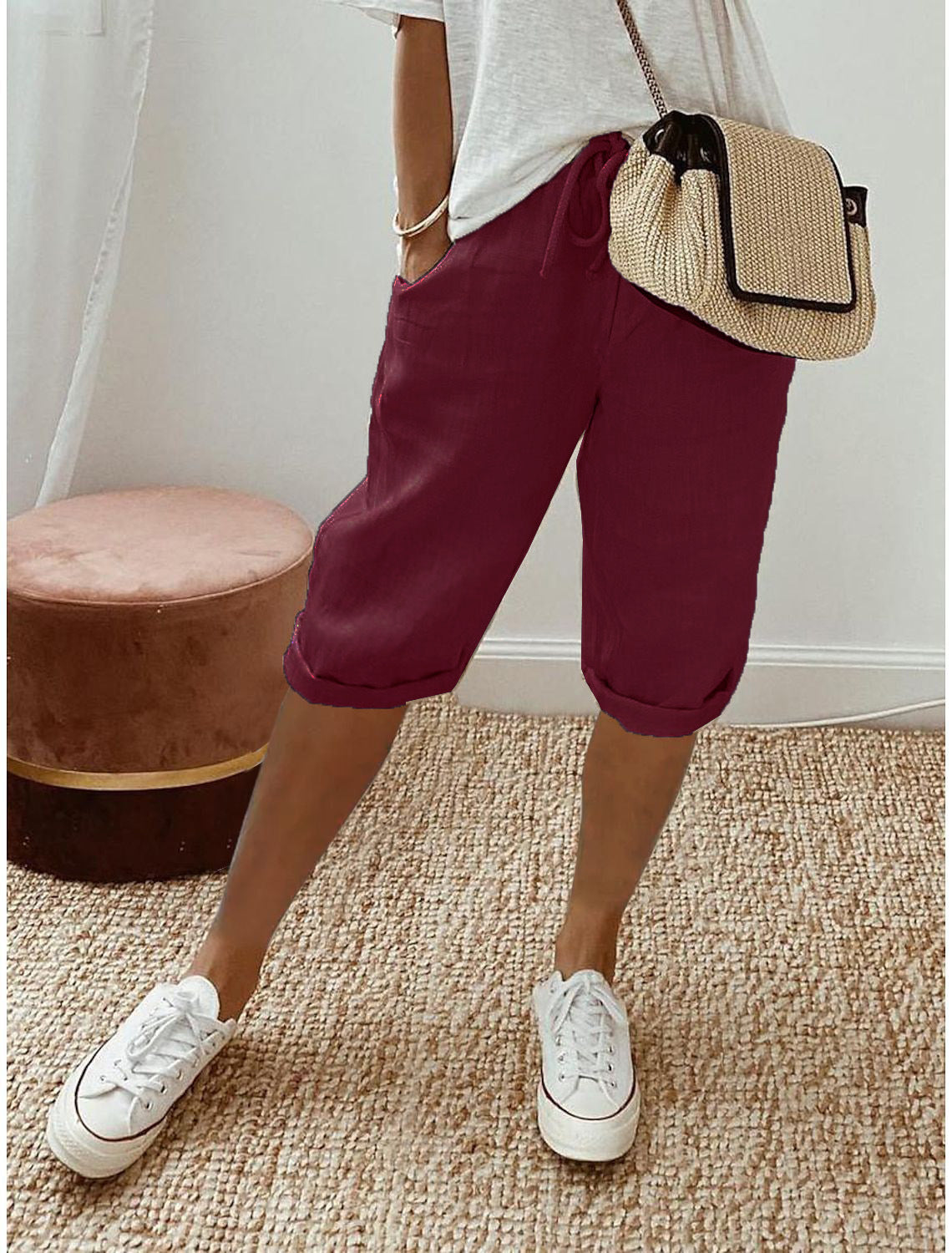 Pantalones casuales de lino y algodón de color liso a la moda para mujer