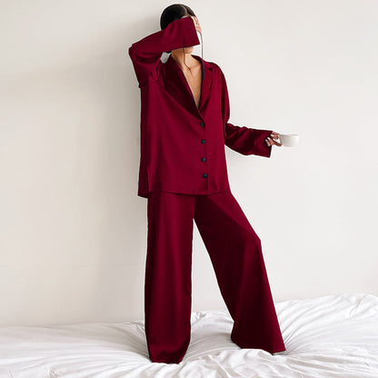 Women's Long-Sleeved Solid Satin Two-Piece Pajamas
