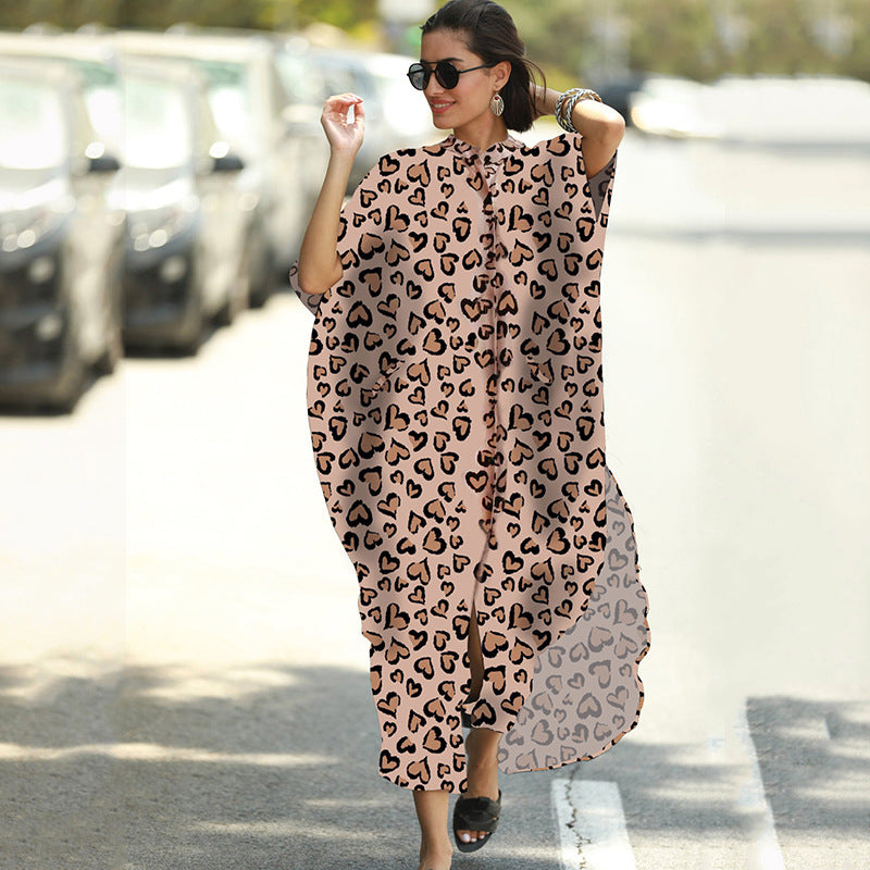 Women Fashion Summer Vacation Boho Style Leopard V Neck Loose Maxi Dress