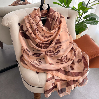 Summer Women Fashion Geometric Leaves Printed Silk Scarf