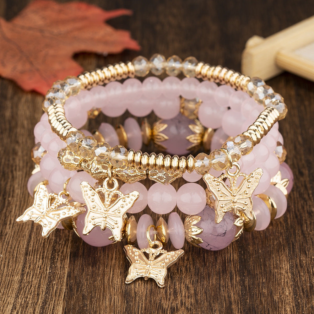 Bohemian Multi-Layer Beaded Butterfly Pendant Bracelet