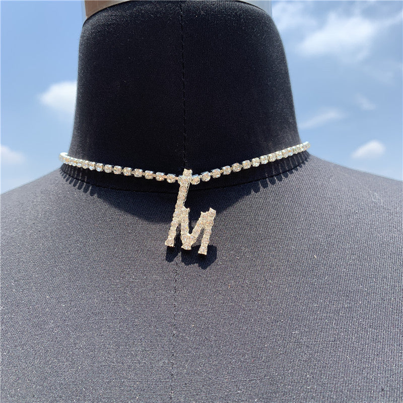 Women Rhinestone Alphabet Necklace