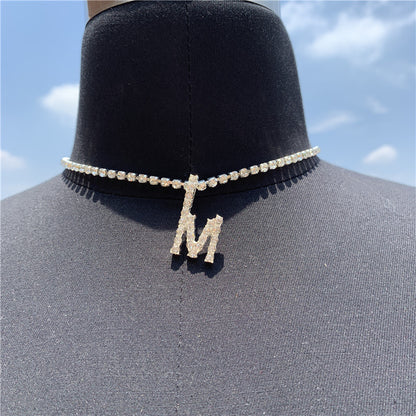 Women Rhinestone Alphabet Necklace