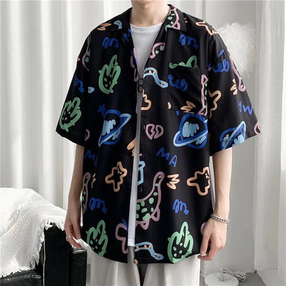 Camisa informal vintage con estampado de flores diminutas para hombre
