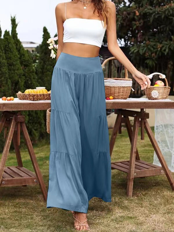 Summer Women Casual High Waist Cotton Linen Wide Leg Pants
