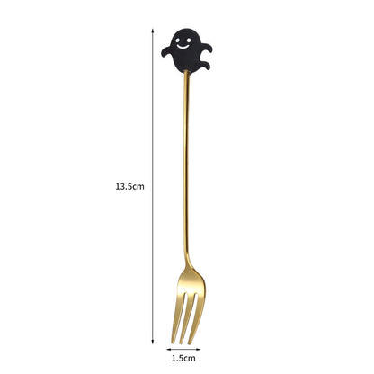 Tenedor y cuchara de acero inoxidable para postres y frutas con dibujos animados de Halloween.